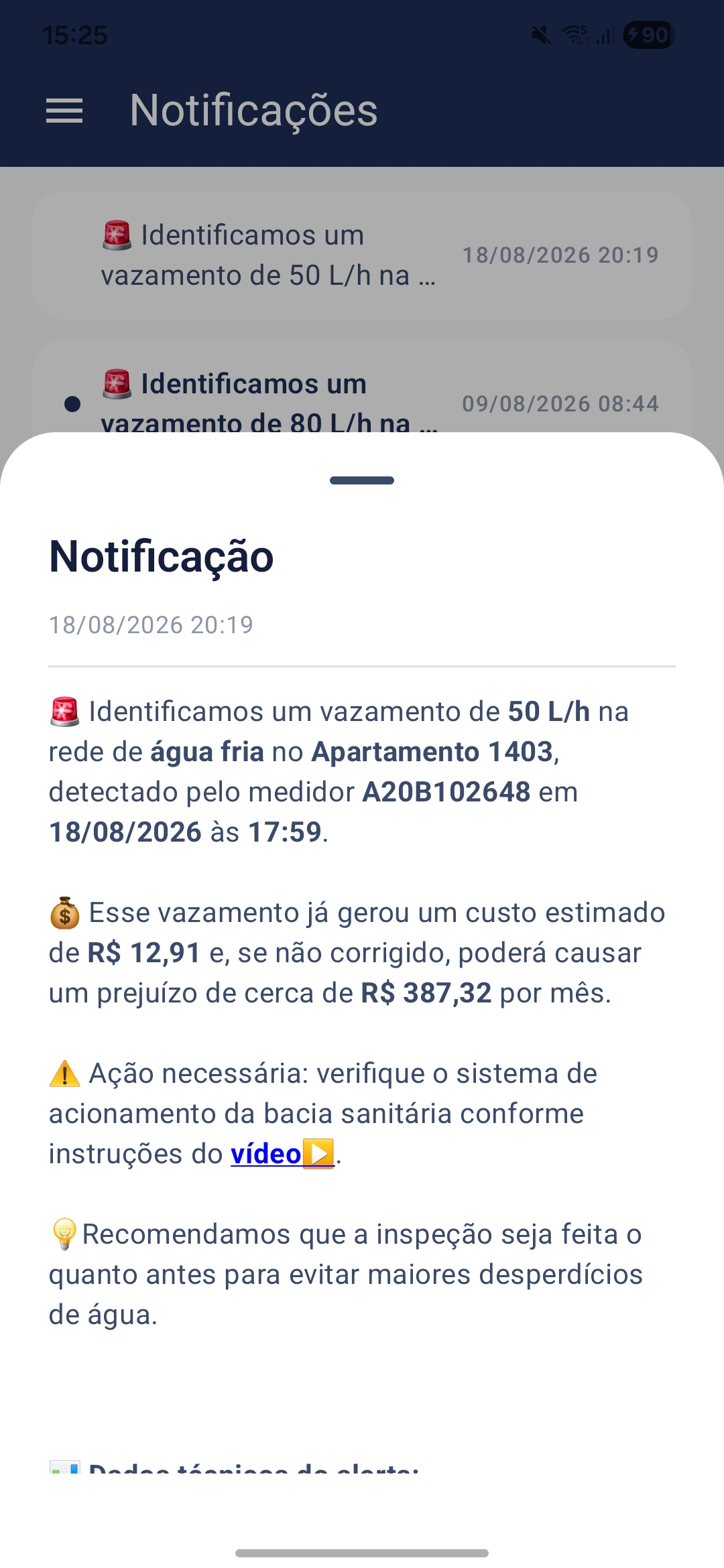LegitApp — leak alert detail with cost estimate and action